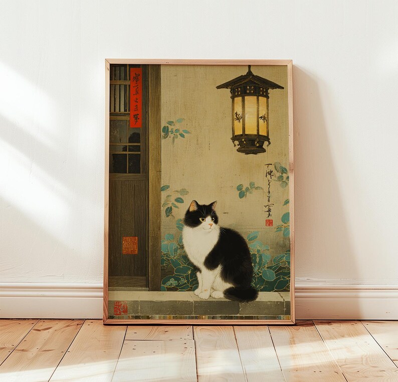 Japanese Cat Poster | Vintage Lantern Wall Art | Oriental Animal Print ...