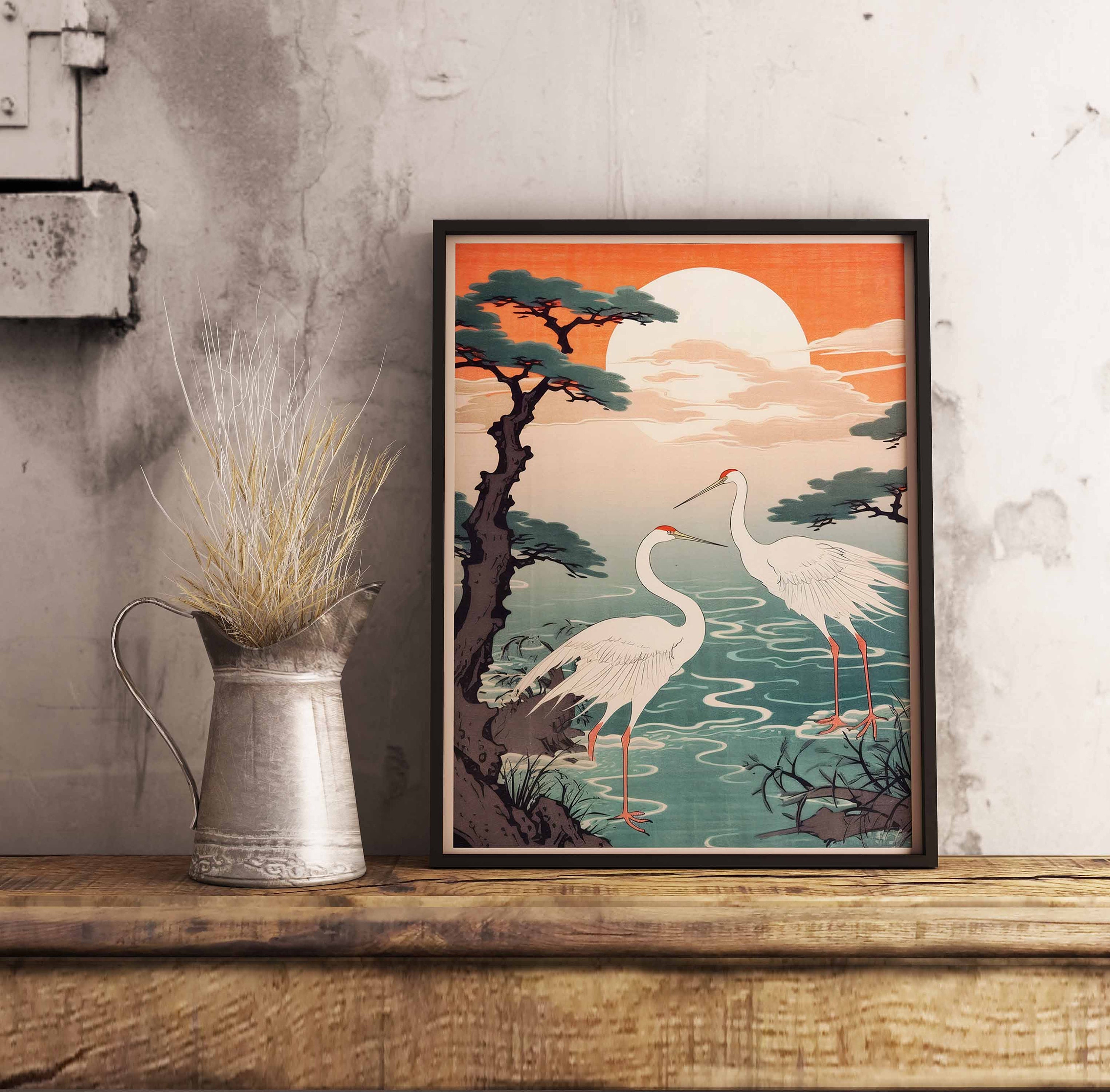 Cranes at Sunrise Print, Japanese Art Print, Japanese Print