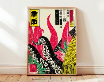 Japanese Octopus Poster | Red Black Ukiyo-E Style Wall Art | Vintage Sea Creature Illustration