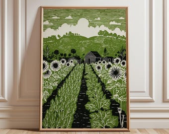 Green British Allotment Garden Poster Print | Vegetable Rows Farm Landscape Wall Art | Vintage Style Illustration
