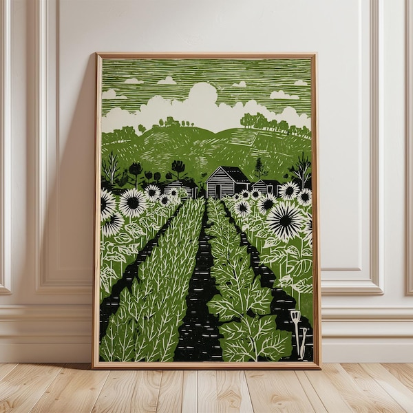 Green British Allotment Garden Poster Print | Vegetable Rows Farm Landscape Wall Art | Vintage Style Illustration