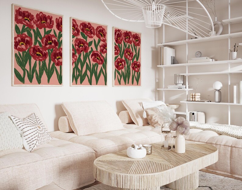 Red Floral Poster Set | Poppy Flower Wall Art | Modern Botanical Prints ...