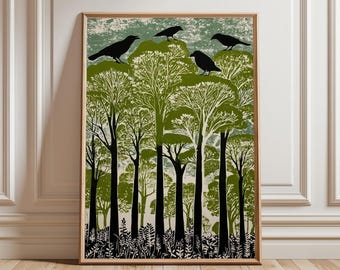 Green Forest Canopy Poster | Black Crow Silhouette Art