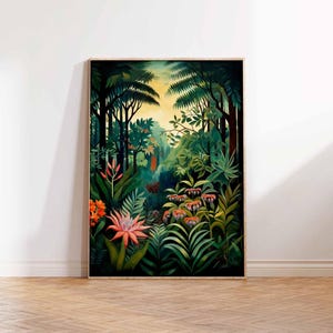 Pôster floral Henri Rousseau, impressão de parede floral com folhas boho, decoração tropical, selva, decoração tropical, arte de parede, pôster, impressão, arte tropical da selva
