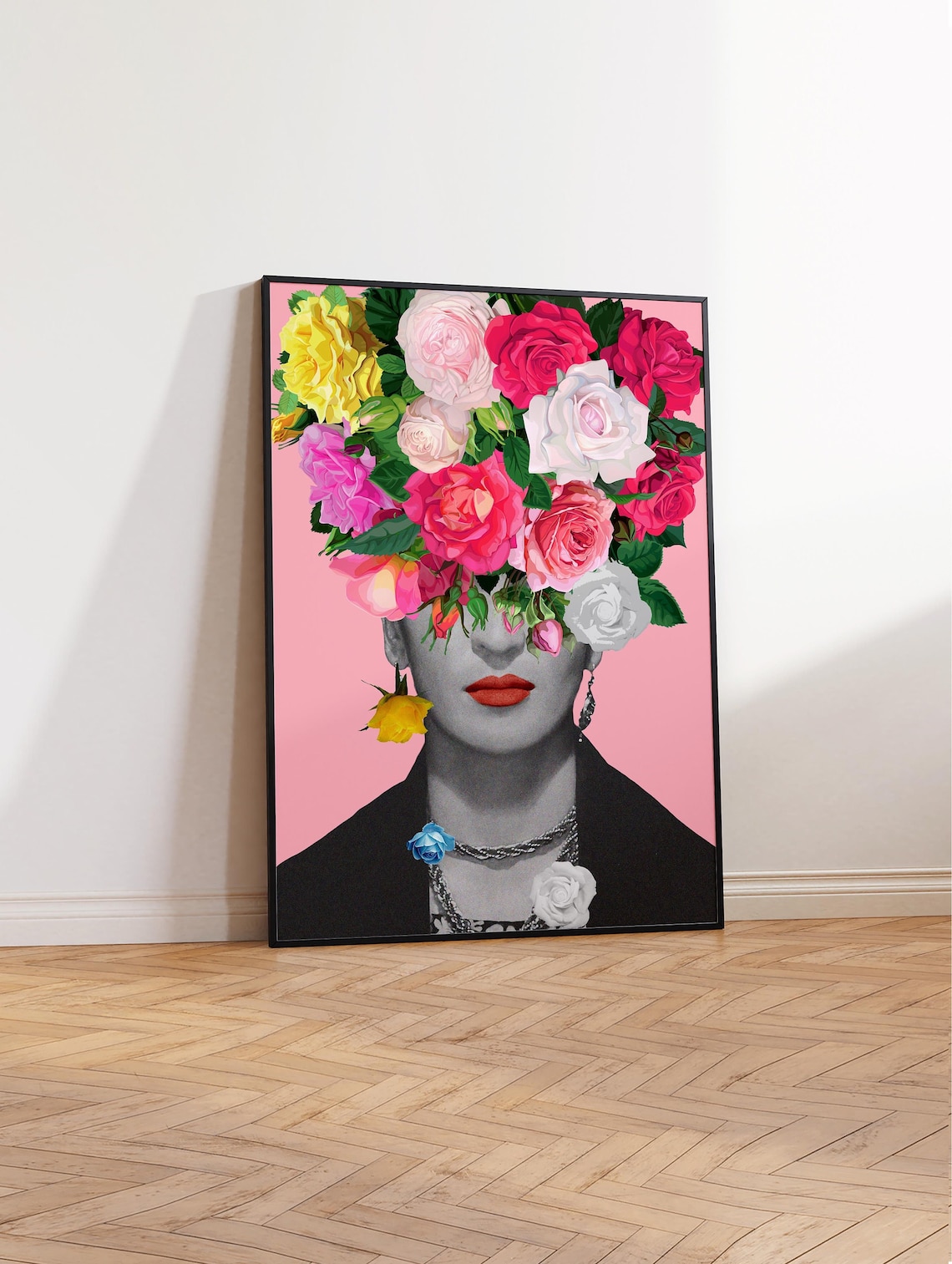 Frida Floral Poster Frida With Roses Modern Art Print Pink Etsy UK