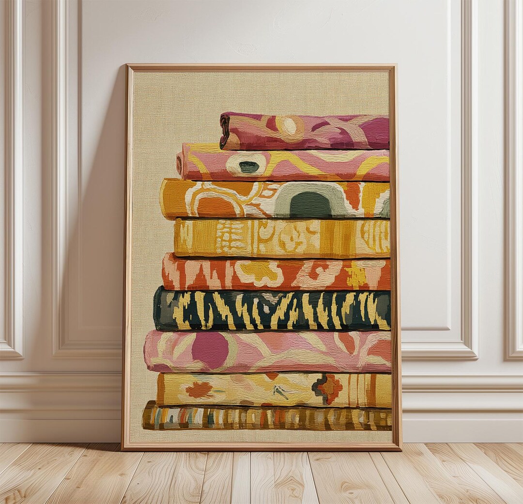 Colorful Stacked Books Poster | Patterned Hardcover Illustration Wall ...