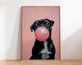 Blowing Bubble Gum, Funny Dog Poster, AnimalWall Art, Nursery Decor, Animal Wall Art, Bubblegum Decor, Dog Art Print, Cute Dog Poster Print