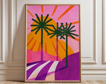 Tropical Palm Sun Wall Art Print, Retro Sunset Graphic Poster