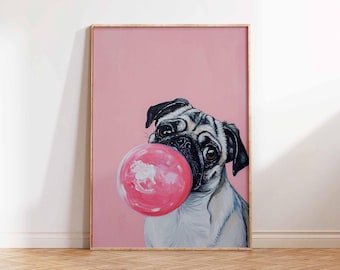 Blowing Bubble Gum, Funny Dog Poster, AnimalWall Art, Nursery Decor, Animal Wall Art, Bubblegum Decor, Dog Art Print, Cute Dog Poster Print