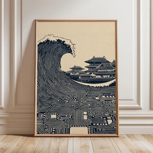 Könnte beinhalten: Gerahmter Druck mit einem marineblauen Wellendesign, einem japanischen Tempel und einem Leiterplattenmuster. Das Kunstwerk ist vor einem beigefarbenen Hintergrund platziert, was einen auffälligen Kontrast erzeugt. Der Druck ist in einem Holzrahmen.