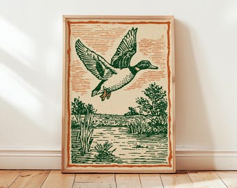 Flying Duck Poster | Green Orange Linocut Art | Retro Marsh Nature Illustration