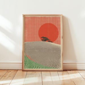 Póster de Sol Rojo / Paisaje desértico japonés / Ilustración artística de dunas de arena