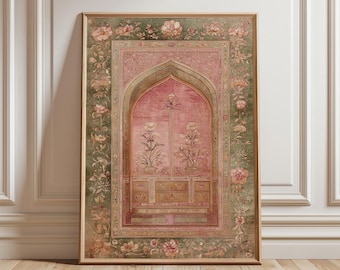 Pink And Sage Persian Arch Poster | Vintage Floral Islamic Manuscript Art Print | Ornamental Wall
