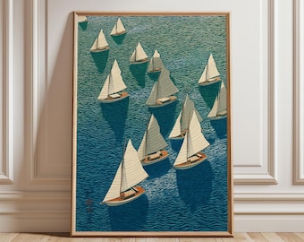 Sailing Boats Ocean Poster | Vintage Nautical Seascape Print | Japanese Style Coastal Wall Art Decor
