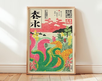 Green Pink Octopus Poster | Japanese Ukiyo-E Style Illustration | Graphic Sea Creature Art