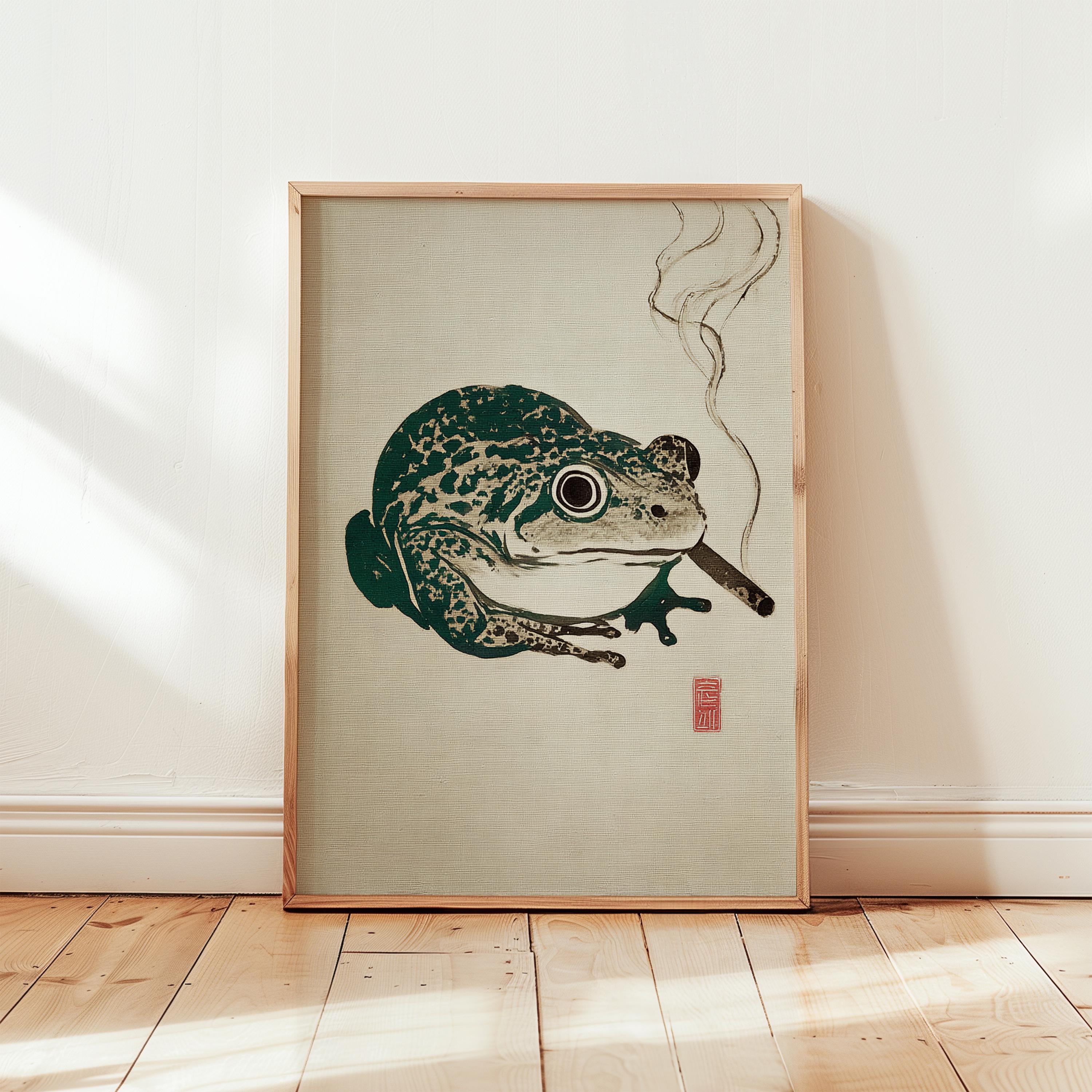 Smoking Frog Art Print | Japanese Style Toad Linocut Poster
