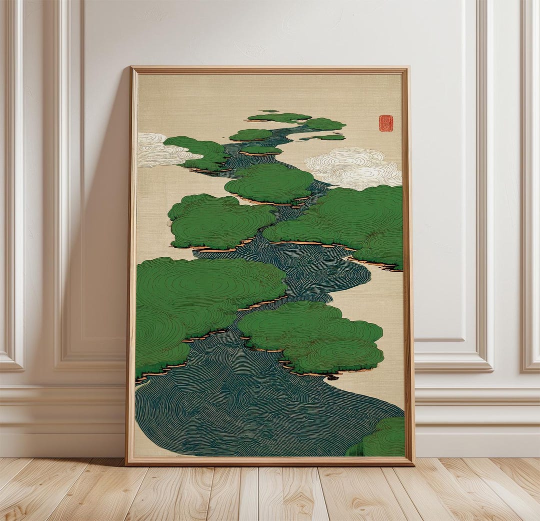 Japanese River Poster | Green Landscape Print | Asian Nature Wall Art ...