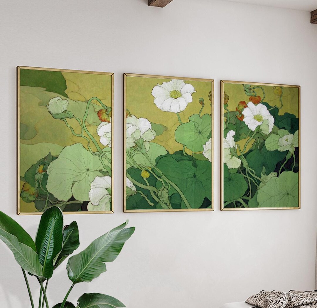 Vintage Botanical Wall Art Set | Green Floral Poster Set of 3 | Nature ...