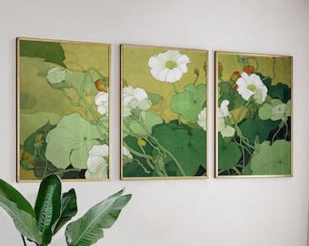 Vintage Botanical Wall Art Set | Green Floral Poster Set Of 3 | Nature Illustration Prints