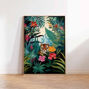 Pôster floral Henri Rousseau, impressão de parede floral com folhas boho, decoração tropical, selva, decoração tropical, arte de parede, pôster, impressão, arte tropical da selva