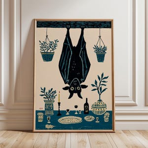 Bat Botanical Illustration Poster | Folk Style Animal Art Print | Teal Cream Wall Decor Artwork