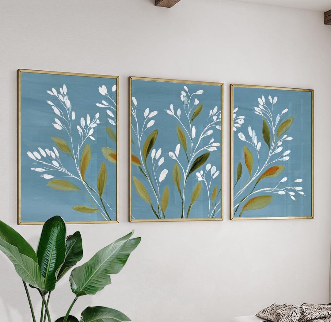 Blue Botanical Wall Art Set | Minimalist Leaf Print Set of 3 | Modern ...
