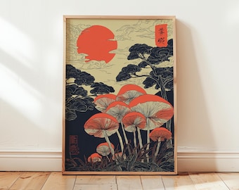 Japanese Mushroom Poster | Ukiyo-e Style Illustration | Red Sun Forest Scene