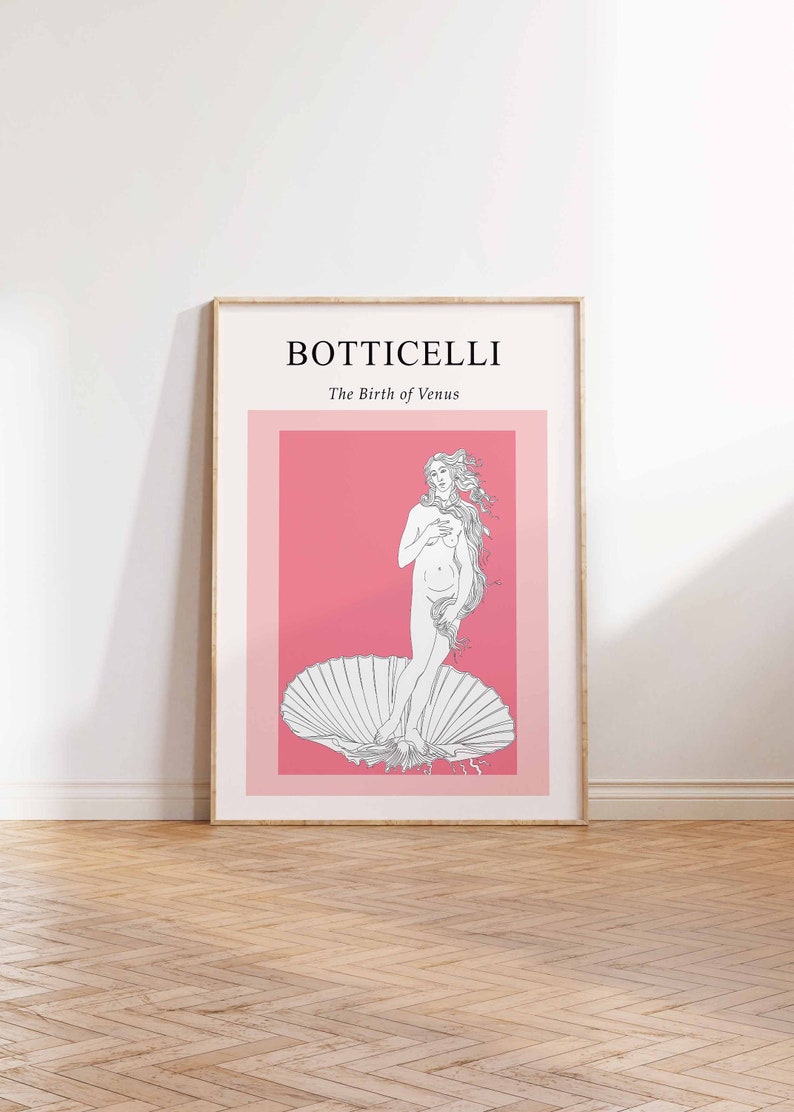 Puede incluir: Una impresi&oacute;n enmarcada de la pintura "El nacimiento de Venus" de Sandro Botticelli. La impresi&oacute;n presenta un dibujo lineal de Venus de pie sobre una concha, con un fondo rosa y el t&iacute;tulo "El nacimiento de Venus" y "Botticelli" en texto negro.