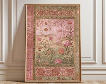 Pink And Sage Floral Garden Poster | Vintage Persian Botanical Art Print | Ornamental Wall Decor