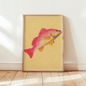 May include: Framed art print featuring a vibrant illustration of a red and yellow fish. The fish is depicted in a detailed, artistic style, set against a textured yellow background. The artwork is encased in a light-colored wooden frame, suitable for home decor.