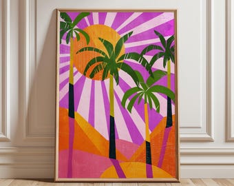 Tropical Palm Sun Wall Art Print, Retro Sunset Graphic Poster