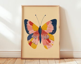 Boho Butterfly Wall Art | Vibrant Folk Art Insect Poster | Whimsical Pink and Mustard Monarch Print