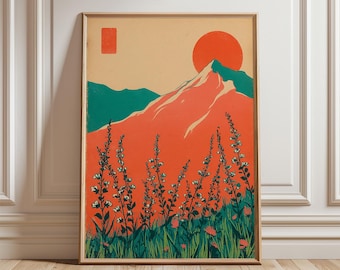Orange Mountain Landscape Poster | Minimal Sun And Peak Wall Art | Modern Nature Illustration Print
