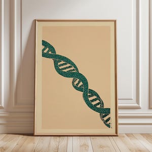 May include: Framed art print featuring a teal DNA double helix design on a tan background. The artwork is encased in a wooden frame, adding a touch of elegance. The print is displayed against a white wall.