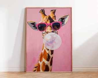 Blowing Bubble Gum, Funny Giraffe Poster, Animal Wall Art, Nursery Decor, Animal Wall Decor, Bubblegum Decor, Giraffe Art Print, Giraffe Art
