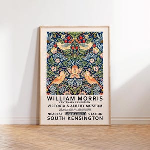 Stampa di William Morris, manifesto della mostra Morris, motivo Strawberry Thieves, arte floreale, stampa artistica di uccelli, poster da parete, dimensioni di stampa A2/A3/A4