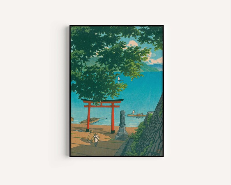 May include: A traditional Japanese woodblock print depicting a red torii gate, a stone statue, and a small boat on a blue body of water. Lush green trees frame the scene, with a mountain range in the distance.