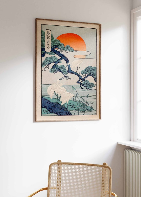 Cranes at Sunrise Print, Japanese Art Print, Japanese Print