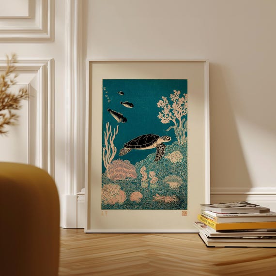 Sea Turtle Reef Poster | Japanese Woodblock Style Underwater Art