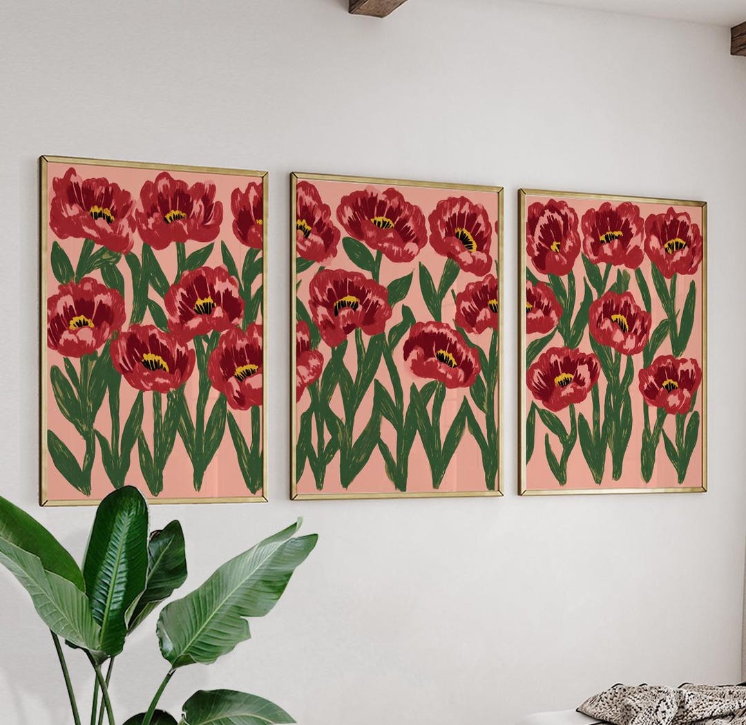 Red Floral Poster Set | Poppy Flower Wall Art | Modern Botanical Prints ...