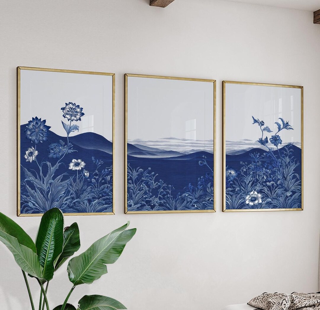 Blue Botanical Landscape Poster Set | Vintage Floral Wall Art ...