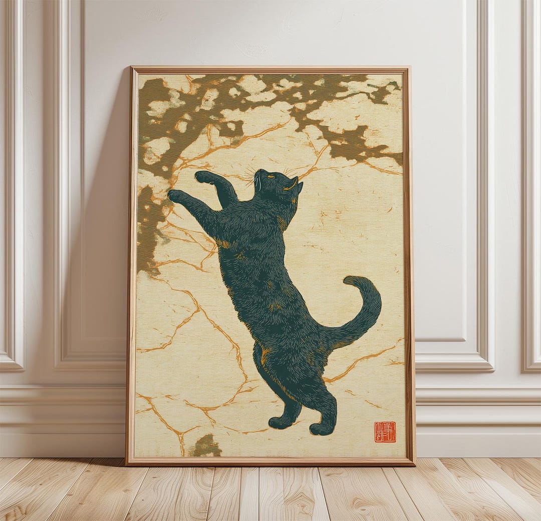 Black Cat Poster | Japanese Style Woodblock Wall Art | Minimalist ...