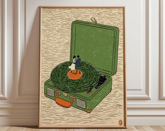 Retro Record Player Art Print | Vintage Vinyl Turntable Illustration | Romantic Couple Dancing Wall Decor