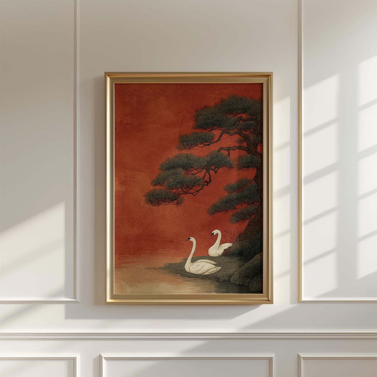 Red Japanese Swan Poster | Pine Tree Lake Art Print | Oriental