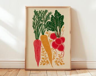 Vintage Root Vegetable Poster | Rustic Linocut Carrot and Radish Wall Art | Minimalist Kitchen Garden Illustration