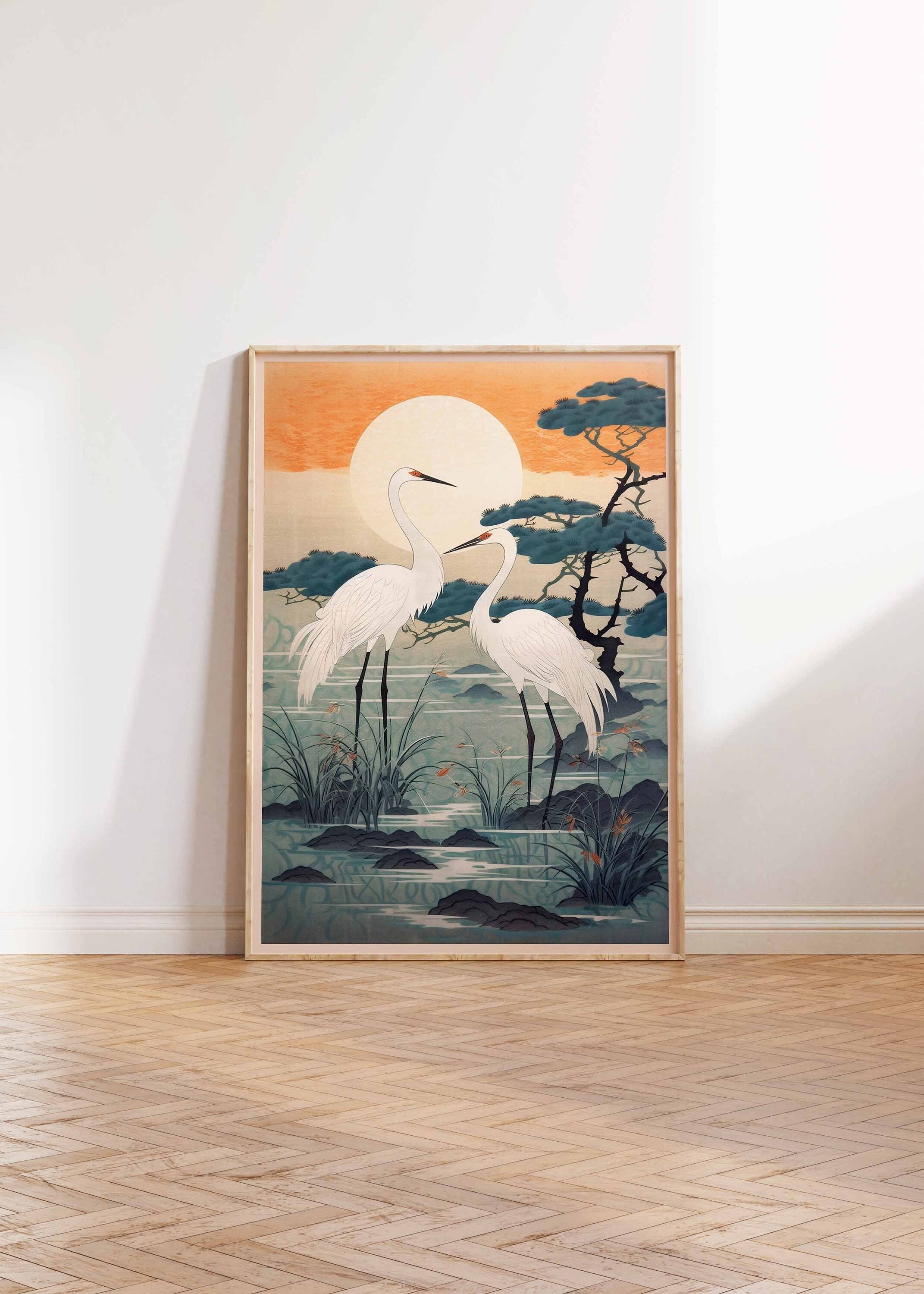 Cranes at Sunrise Print, Japanese Art Print, Japanese Print