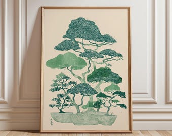 Bonsai Tree Wall Art Print, Japanese Botanical Green Poster