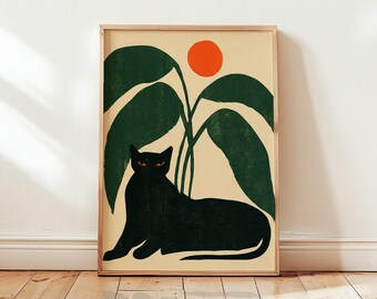 Black Cat Wall Art | Mid Century Modern Plant Print | Botanical Orange Sun Poster
