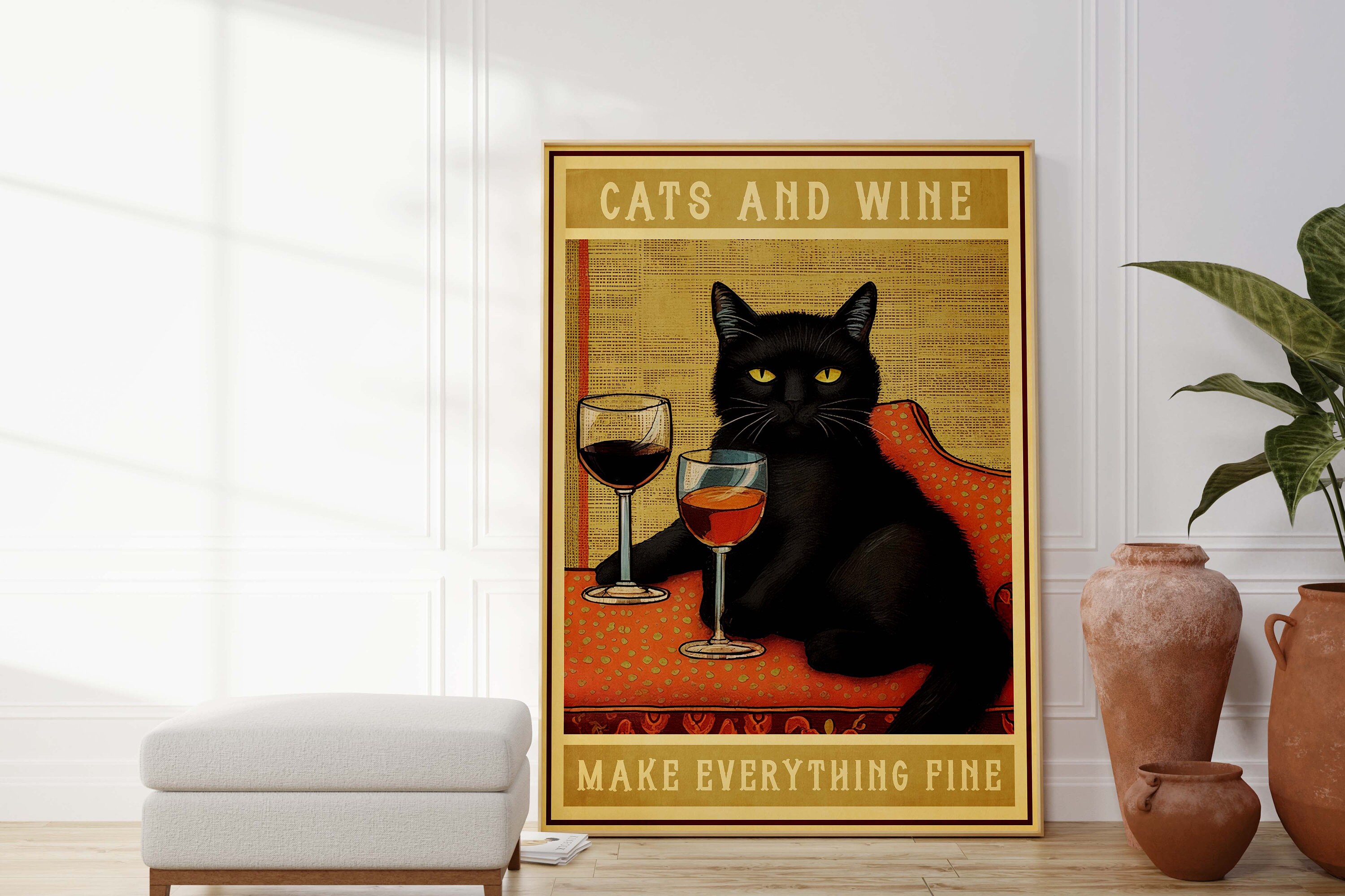 Vintage Cat Print Cats and Wine Make Everything Fine Funny Cat