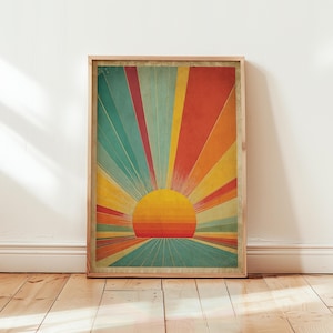 Póster retro vintage de rayos de sol / Arte mural geométrico de horizonte de mediados de siglo / Impresión minimalista abstracta de amanecer de los años 70 /